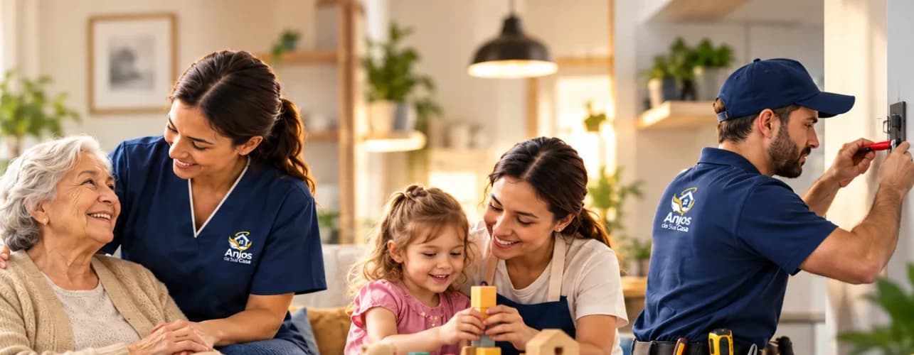 Equipe Anjos da Sua Casa: cuidadora, babá e eletricista uniformizados